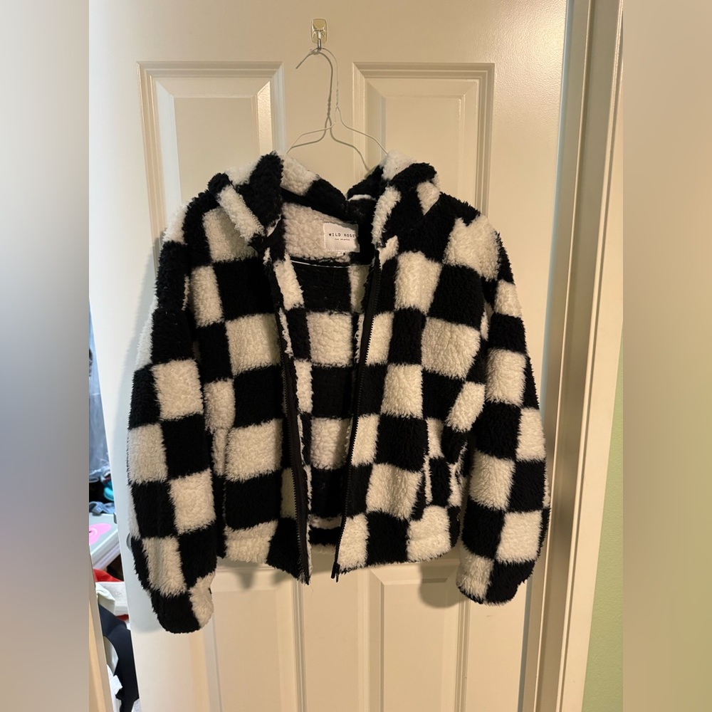 Wild Rose Black & White Checkerboard Fuzzy Hooded Jacket